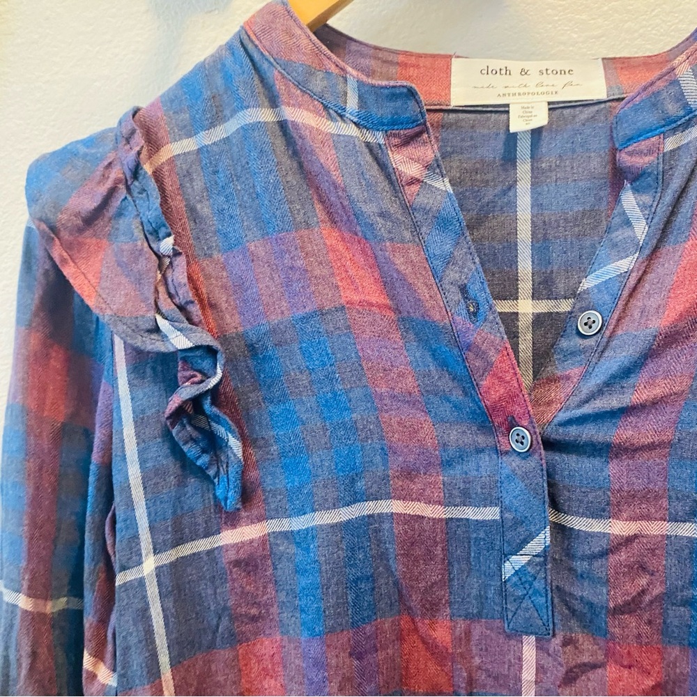 Cloth & Stone for Anthropologie Plaid Ruffled Dress Blue Red Boho Sz XS - Picture 8 of 11